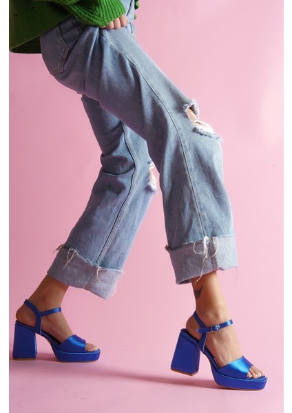 Fell Saks Mavi Saten Platform Topuklu Günlük Ayakkabı