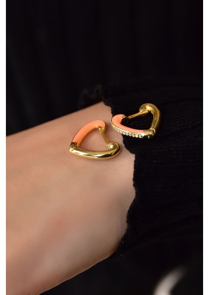 925 Ayar Gümüş Gold Kaplama Zirkon Taşlı Turuncu Mineli Kalp Küpe