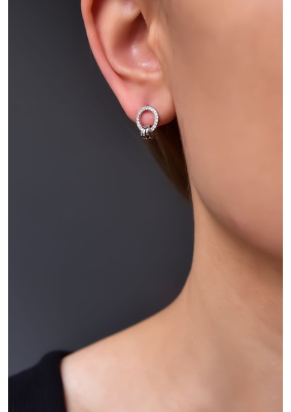 925 Ayar Gümüş Rodyum Kaplama Zirkon Taşlı Çemberde Üçlü Halka Çivili Küpe modelleri