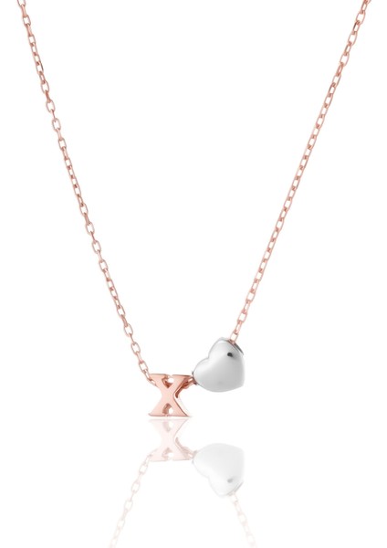 925 Ayar Gümüş Rose Kaplama Mini Üç Boyutlu x Harfi Kalp Kolye