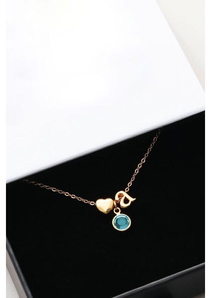 925 Ayar Gümüş Gold Mini Üç Boyutlu A Harfi Kalp Doğum Taşlı Kolye