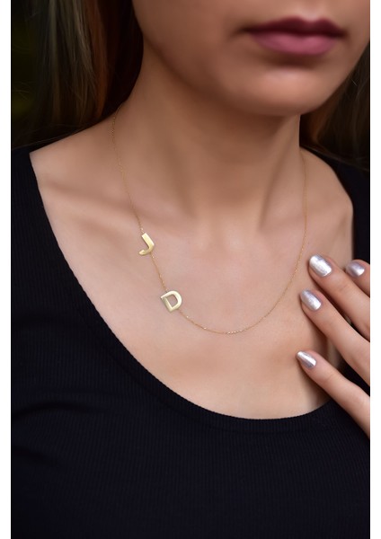 925 Ayar Gümüş Gold Kaplama Asimetrik J ve D Harf Kolye