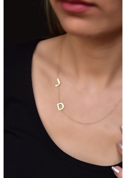 925 Ayar Gümüş Gold Kaplama Asimetrik J ve D Harf Kolye fiyatları