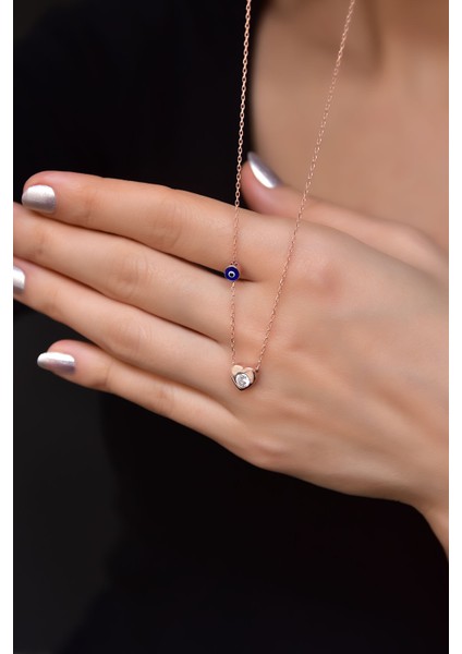 925 Ayar Gümüş Rose Kaplama Mineli Nazar Tektaş Kalp Kolye