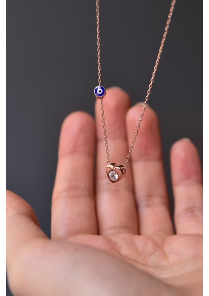 925 Ayar Gümüş Rose Kaplama Mineli Nazar Tektaş Kalp Kolye fiyatları