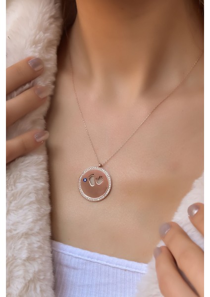 925 Ayar Rose Kaplama Mineli Nazar Ilk Adım Plaka Kolye
