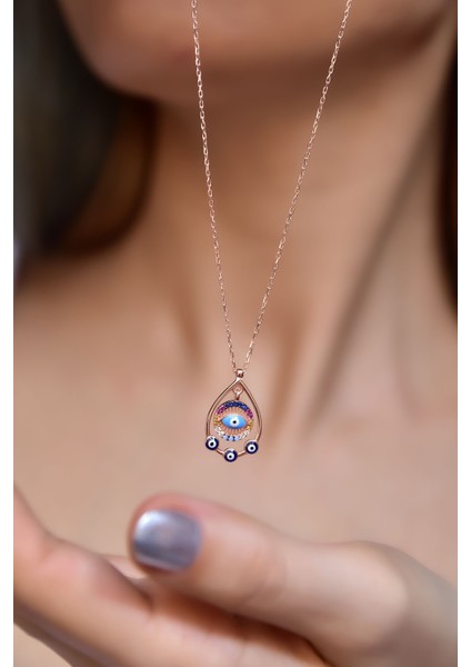 925 Ayar Gümüş Rose Kaplama Renkli Taşlı Çember Mineli Nazar Göz Damla Kolye