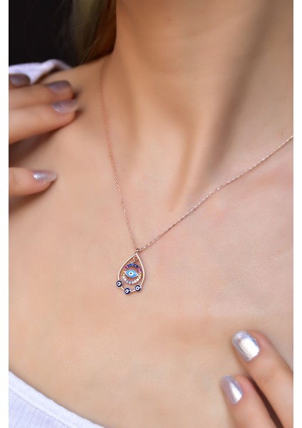 925 Ayar Gümüş Rose Kaplama Renkli Taşlı Çember Mineli Nazar Göz Damla Kolye fiyatları