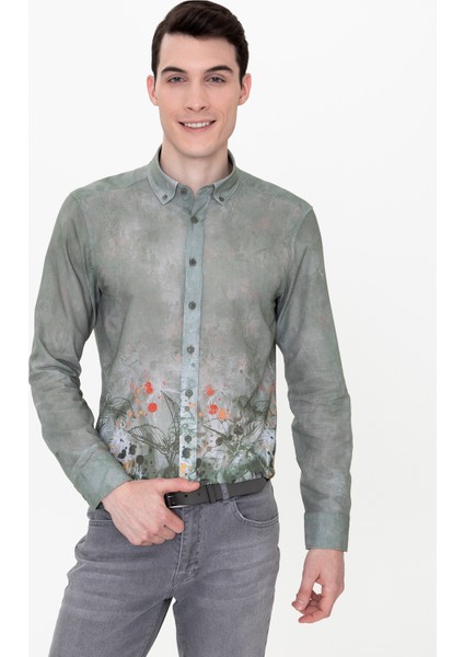 Erkek Haki Slim Fit Uzun Kollu Gömlek 50250955-VR027