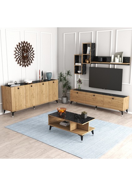 Mtsk2 Mira Tv Ünitesi Raflı Dolaplı Orta Sehpası ve Konsol Takımı /yemek Odası Sepet-Bendir