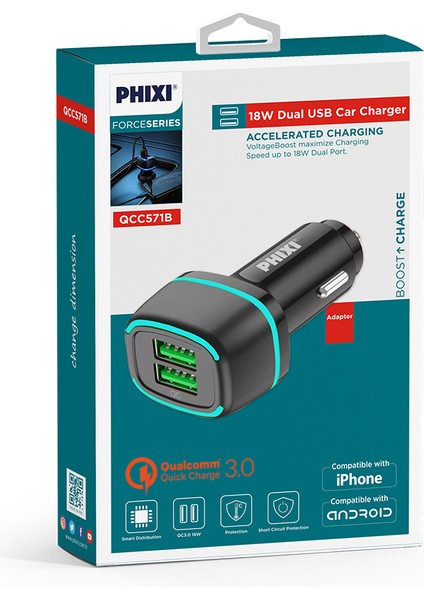 Force QCC571B Siyah Çift Çıkışlı Fast 30W Araç Şarj Başlığı