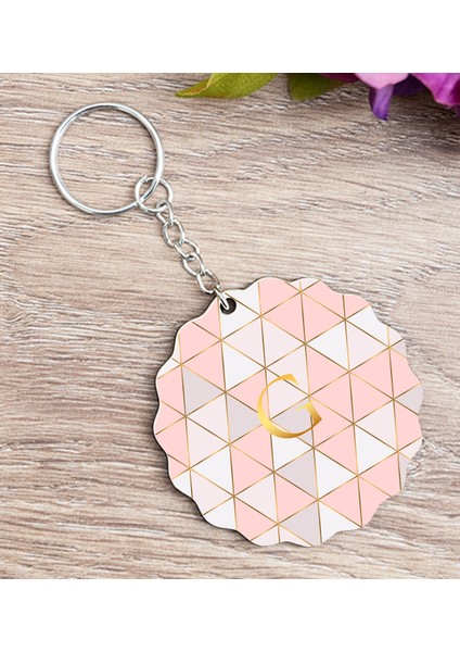 Kişiye Özel Pembe Mozaik Tasarım Gold Baş Harfli Ahşap Anahtarlık