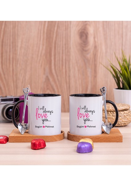 Kişiye Özel Sevgililere Özel Baskılı İkili Ahşap Altlıklı Siyah Kupa Bardak