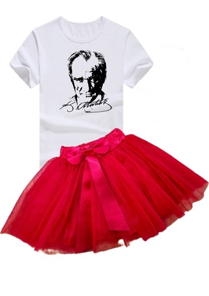 Kız Çocuk 23 Nisan 29 Ekim Gösteri Doğum Günü Kıyafeti Desenli Kısa Kol Beyaz T-Shirt Tütü Etek Takım