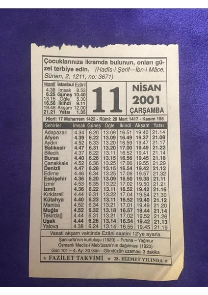 11 Nisan 2001 Takvim Yaprağı - Nostalji Koleksiyonluk Takvim Yaprağı
