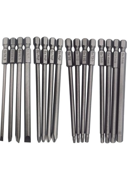 16 Adet Uzun Manyetik Tornavida Uçları Seti Oluklu + Çapraz + Altıgen + Torx Matkap Ucu Seti 1/4 Inç Altıgen Şaft 100MM Uzunluk