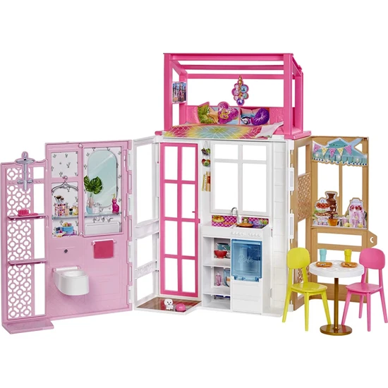 Barbie'nin Taşınabilir Portatif Evi, 2 kat ve 4 oyun alanı, yavru köpek ve aksesuarlar dahil mobilyalı ev, 3 yaş ve üzeri HCD47