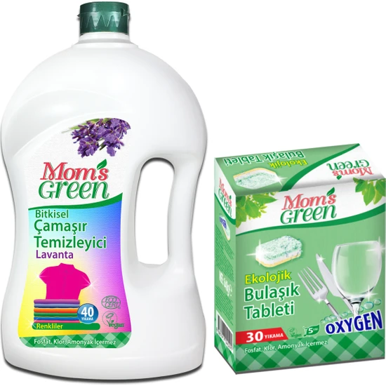 Mom's Green 2'li Set Bitkisel Çamaşır Deterjanı Renkliler Eco 40 Yk + Ekolojik Bulaşık Tableti