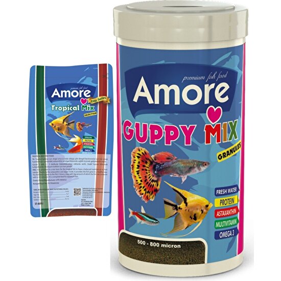 Amore Guppy Mix Granules 1000ML + Tropical Mix Selection 45G Poşet Tropikal Balık Yemi