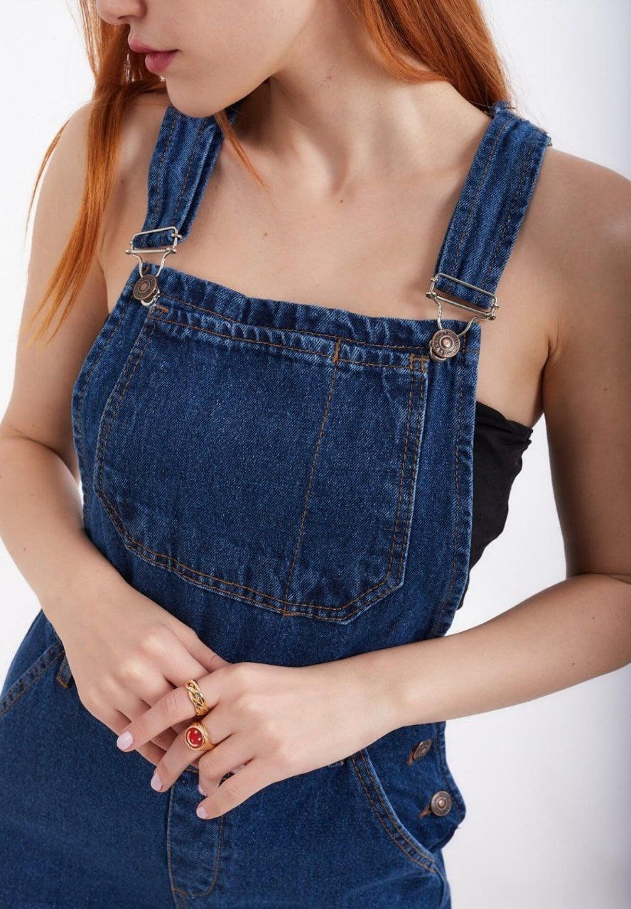 Beleza Store Kadın Kot Salopet Koyu Mavi Tulum Denim Uzun Kot Bahçivan Tulum görsel 2