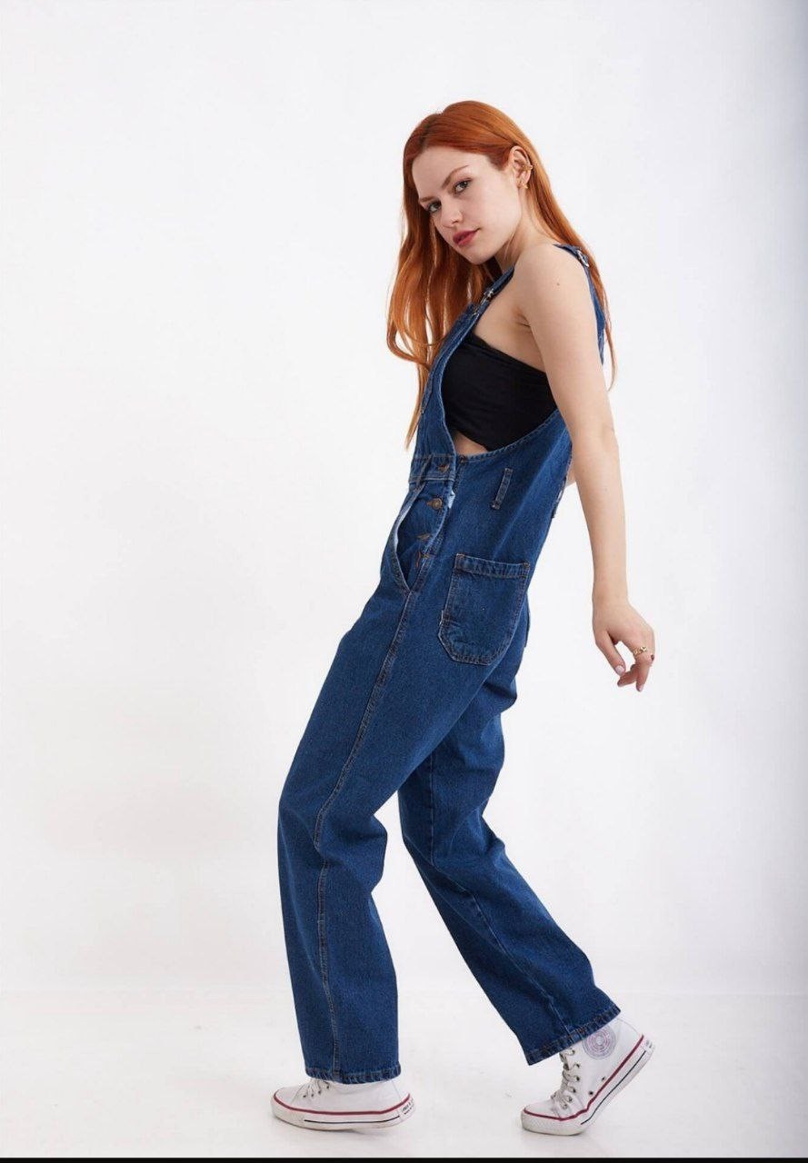 Beleza Store Kadın Kot Salopet Koyu Mavi Tulum Denim Uzun Kot Bahçivan Tulum görsel 3