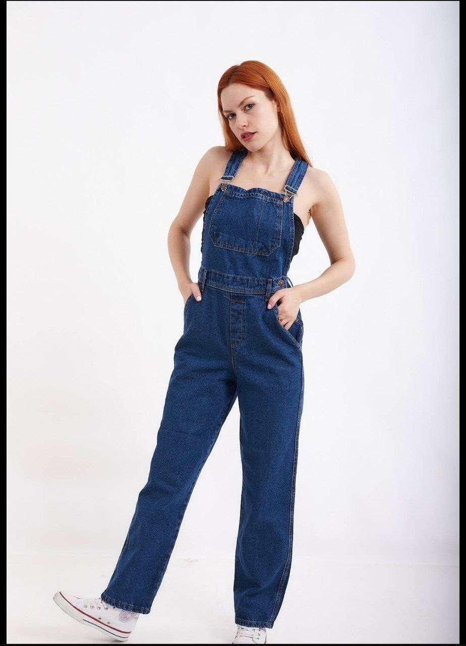 Beleza Store Kadın Kot Salopet Koyu Mavi Tulum Denim Uzun Kot Bahçivan Tulum