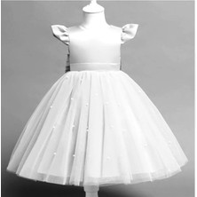 Kurdela Detaylı Beyaz Kız Çocuk Doğum Günü, Parti, Düğün, Etek Inci Detaylı Elbise