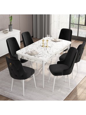Canisa Concept Are Serisi, 80X132 Açılabilir Mdf Masa, Beyaz Mermer Desen Mutfak Masa Takımı, 6 Sandalye
