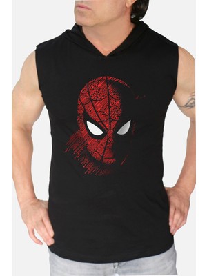 Rock&Roll Dijital Örümcek Siyah Kapşonlu|kolsuz Erkek Atlet T-Shirt