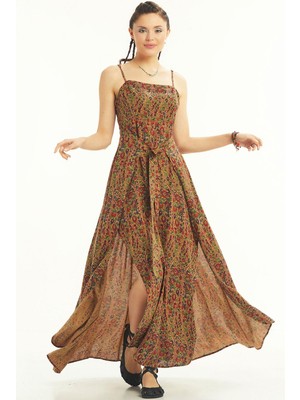 Los Banditos Askılı Belden Bağlamalı Desenli Elbise