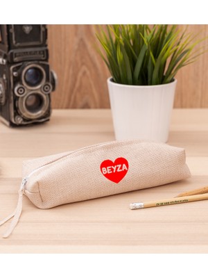 Hediye Dükkanı Kişiye Özel Isim Yazılı Kırmızı Kalpli Keten Bez Kalemlik