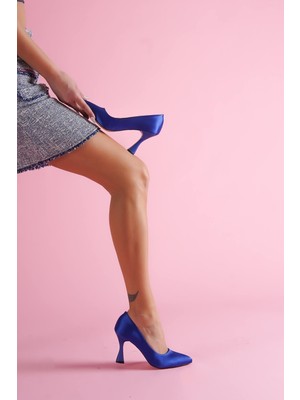 Divolya Vest Saks Mavi Saten Günlük Kullanım Stiletto