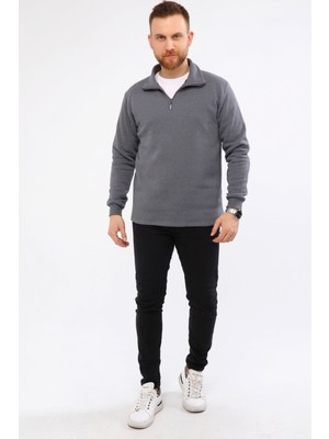 Mualta Erkek Regular Fit Balıkçı Yaka Uzun Kollu Füme Gri Sweatshirt