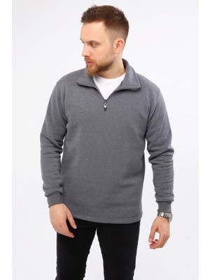 Mualta Erkek Regular Fit Balıkçı Yaka Uzun Kollu Füme Gri Sweatshirt