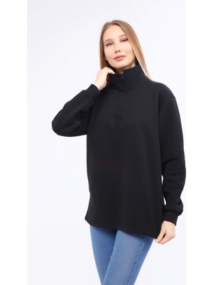 Mualta Kadın Black Regular Fit Balıkçı Yaka Uzun Kollu Siyah Sweatshirt