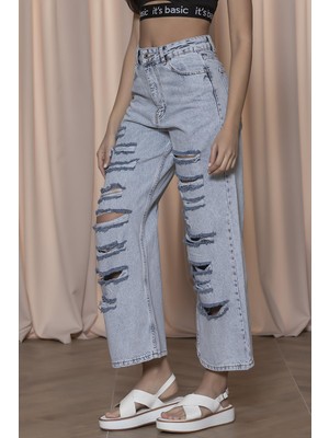 Its Basic Kadın Snow Kot Rengi Ful Lazer Detaylı Kısa Wide Leg Kalıp Yüksek Bel Jean