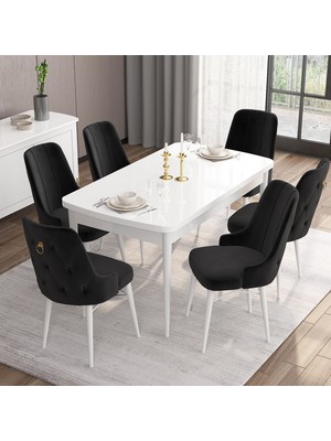 Canisa Concept Are Serisi, 80X132 Açılabilir Mdf Masa, Beyaz  Mutfak Masa Takımı, 6 Sandalye