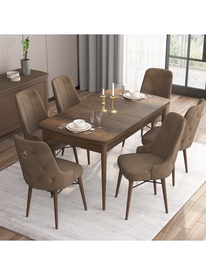 Canisa Concept Are Serisi, 80X132 Açılabilir Mdf Masa, Barok Ahşap Desenli Mutfak Masa Takımı, 6 Sandalye