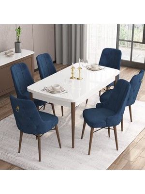 Canisa Concept Are Serisi, 80X132 Açılabilir Mdf Beyaz Masa Ceviz Ayak Masa Takımı, 6 Sandalye