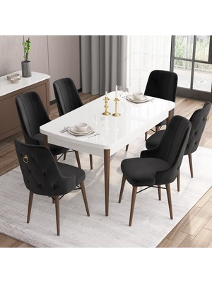 Canisa Concept Are Serisi, 80X132 Açılabilir Mdf Beyaz Masa Ceviz Ayak Masa Takımı, 6 Sandalye