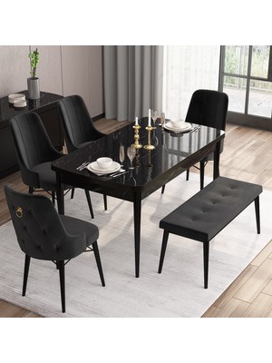 Canisa Concept Are Serisi, 80X132 Benchli Açılabilir Siyah Mermer Desen Mutfak Masası Takımı, 4 Sandalye 1 Bench