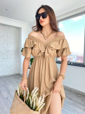 Okyanus Butik Kadın Camel Ön Volanlı Beli Lastikli Elbise