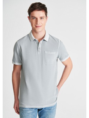 Mavi Cepli Gri Polo Tişört