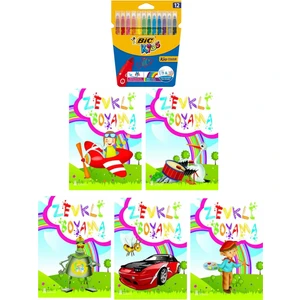 3-6 Yaş Zevkli Boyama Kitapları 5 Li +Bic Kids 12 Li Keçeli Boya