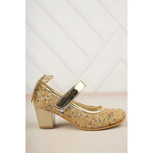 Topuklu Arkası Kelebekli Altın Taşlı Ayakkabı
