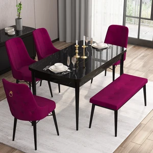 Concept Are Serisi, 80X132 Benchli Açılabilir Siyah Mermer Desen Mutfak Masası Takımı, 4 Sandalye 1 Bench