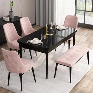 Concept Are Serisi, 80X132 Benchli Açılabilir Siyah Mermer Desen Mutfak Masası Takımı, 4 Sandalye 1 Bench