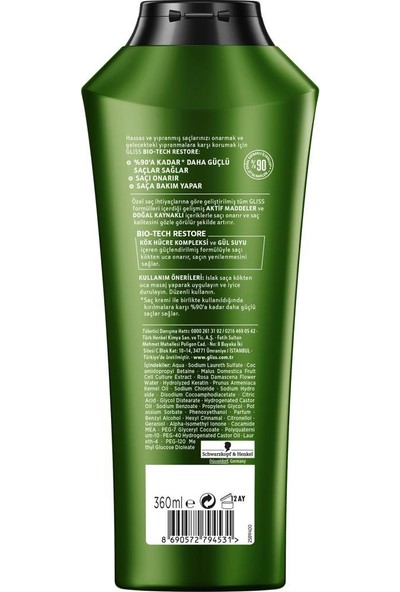 Schwarzkopf Gliss Bio-Tech Güçlendirici Saç Bakım Şampuanı 360 ML