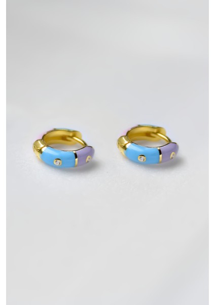 925 Ayar Gümüş Gold Kaplama Zirkon Taşlı Renkli Mineli Halka Küpe