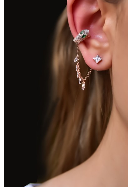 925 Ayar Gümüş Rose Kaplama Tekli Ear Cuff Chain Snake Küpe
